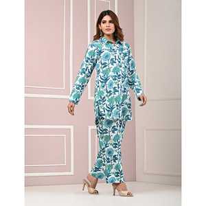 Conjunto de Dos Piezas de Algodón Estampado Verde Mar para Mujer, Talla XS, con Patrón Floral, Lazo, Botones y Plumas, Estilo Informal Holgado para Verano y Otoño - Product Image 4