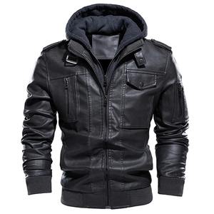 Hombre invierno grueso cálido Vintage cuello con capucha Club Bomber abrigos de cuero chaqueta de motocicleta hombres Casual PU chaquetas de cuero - Product Image 6