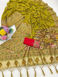 Sari en soie douce pour femmes, tissage doré, entièrement tissé avec un chemisier assorti, pour mariage, fête, fabriqué en Inde - Product Image 4