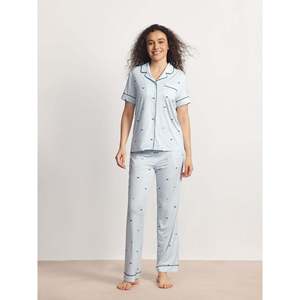 Conjunto de Pijama Clásico Suave para Mujer, de Bambú con Cintas a Rayas, Manga Corta, Tejido, Logotipo Personalizado, Media Cintura con Cordón, Primavera - Product Image 1