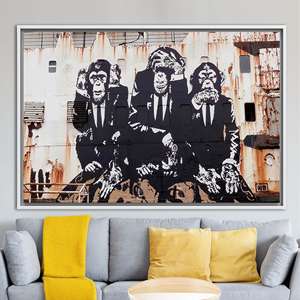 <b>Canvas</b> Print: Banksy's Three Wise Monkeys - Elegant Street Artwork,1P:White <b>Framed</b> - Product Image 1