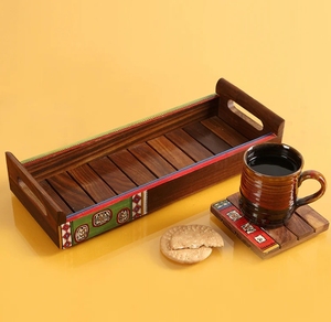 Peintures & Planches Warli Plateau peint à la main en bois de Sesham Plateau de service décoratif rond en bois Farmhouse & Vintage Centerpiece - Product Image 2