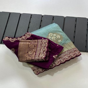 Sari en soie Dola VASTRA COTTAGE avec double tissage Zari, bordure brodée en cordon, séquence Zari, pallu Zari avec blouse non cousue - Product Image 1