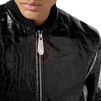 Blouson Bomber en Cuir Noir pour Homme avec Imprimé Croco Exotique Véritable, Hiver, Capuche, Matelassé, Cuir de Luxe, Style Collège pour Garçons