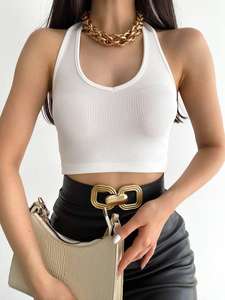 Personnalisé à la mode été solide mince côtelé court haut sans manches femmes col en v dos nu Beige Crop débardeurs pour les femmes - Product Image 5