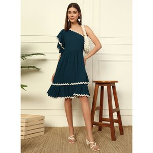 Deebaco Women's Solid One Shoulder A-Line Above Knee <b>Dress</b> With Scallop Trim Elastic Waist Casual Summer Loose Fit Ruffle Hem - Product Image 1