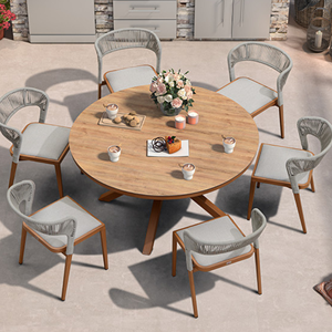 <b>Round</b> Teak Outdoor Dining <b>Table</b> Set With 6 Chairs Contemporary Garden Furniture For <b>Patio</b> Balcony Terrace - Product Image 1