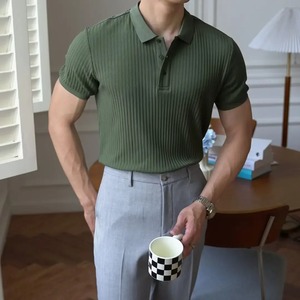 Summer Vintage Men's Short Sleeve for Polo Shirt 100% Cotton New Trendy Casual Knitted Lapel T-shirt Striped Solid Color - Product Image 1