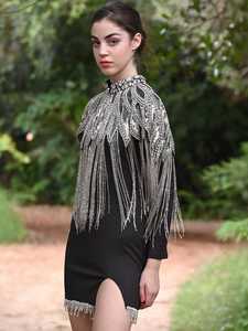 Robe de soirée élégante pour femmes, style sirène, cape à paillettes, fonction antistatique, magnifiques perles brodées, franges - Product Image 3