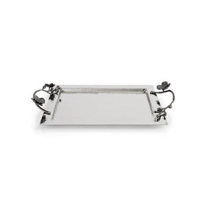 Plateau de service moderne de grande taille en acier inoxydable argenté avec poignée en métal en laiton au design floral à vendre - Product Image 4