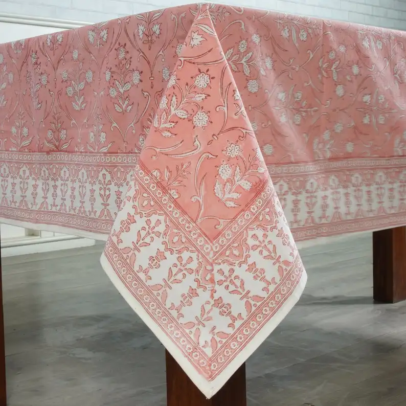 Sweet Pink and White Floral Indian Hand Block Printed Tablecloth with Border Design all Around Table Cover And Linen Set