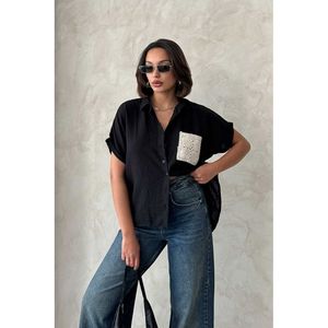 Camisa Casual de Lino 100% Negro para Mujer Topshow con Bolsillos y Apliques - Blusa Holgada de Color Liso para Verano - Product Image 1