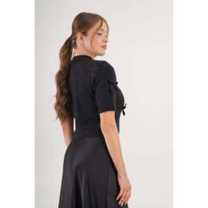 เสื้อคาร์ดิแกนถักแขนสั้นสีแอนทราไซต์สำหรับผู้หญิง ขายส่ง ดีไซน์โบว์ริบบิ้น - Product Image 2