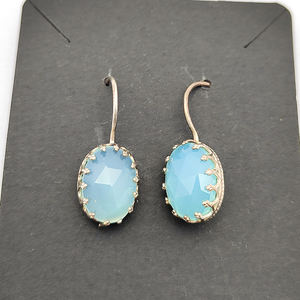 Aqua Calcedonia 14x10mm Oval 925 Pendientes colgantes de plata esterlina 4.81gm Piedra preciosa Joyería hecha a mano para mujeres Chica Pendientes finos - Product Image 3