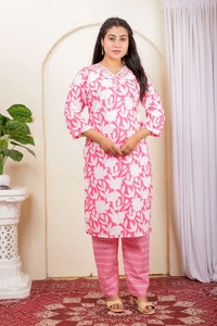 Kurta Larga Informal de Algodón Orgánico Puro, Tejida, Lavable, de Corte Recto (Mangas 3/4) con Pantalón (Cintura Elástica, Cuello Bordado) - Product Image 2