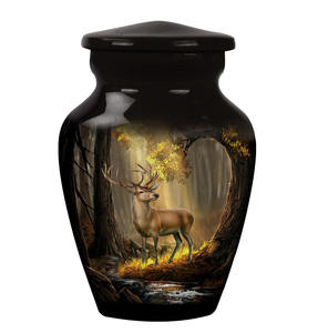 Urna Funeraria de Madera con Diseño de Bosque de Ciervos para Cenizas Humanas - Urna Conmemorativa Artesanal con Escena de Bosque - Product Image 1
