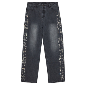 Jean en denim vintage pour homme, coupe baggy, style streetwear personnalisé, avec fermeture éclair, clous métalliques, strass et délavé effet cristal - Product Image 1