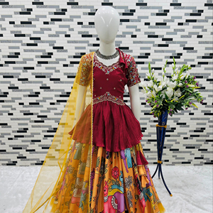 ชุดเดรสเด็กสไตล์อินเดีย VISHNU K DESIGN ผ้าไหมชีนูส์ปักลายประณีต งานปักเลื่อม ผ้านุ่มพิมพ์ลาย แขนสั้น - Product Image 1