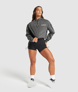 Sudaderas con cremallera de cuarto de algodón 100% de alta calidad para mujer, Top corto de invierno bordado de Terry francés lavado con ácido personalizado, entrenamiento - Product Image 4
