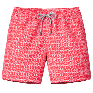 Shorts de bain recyclés pour hommes, motif géométrique rouge, séchage rapide, avec taille élastique et poches à cordon - Product Image 1