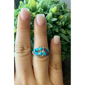 Zuni Handmade Turquoise Gemstone Multi-Stone Sterling <b>Silver</b> Inlay <b>Statement</b> Geometry Design IGI Certified Size Everyday Wear - Product Image 2