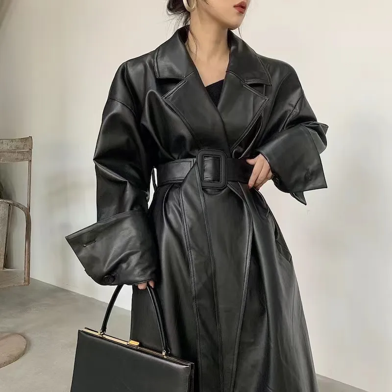 91350# 2022 New Fashion Women Long Leather Trench Coat Long Sleeve Loose Slim Pu Jacket With Belt Luxury Turn Down Collar Coat
