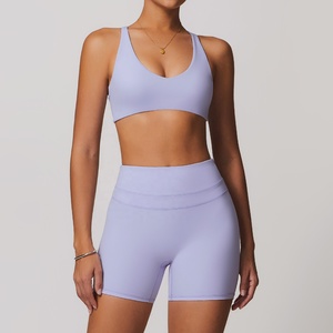 Lavender Crew Neck <b>Crop</b> <b>Top</b> High Waist Shorts 2 Piece Yoga Set Seamless Breathable Activewear - Product Image 3