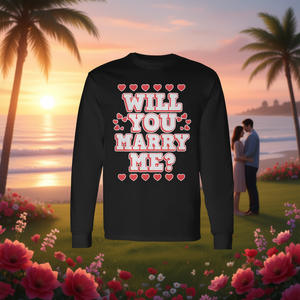 Maglietta a maniche lunghe con scritta 'Will You Marry Me' e girocollo, design unisex per proposta di matrimonio a San Valentino - Product Image 3
