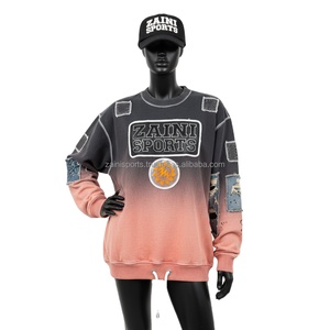 Sudadera para Mujer con Efecto Desgastado y Degradado, Felpa de 340 GSM, Panel de Mezclilla Desgastada, Parche de Bordado Personalizado con Logotipo, Sudadera Transpirable para Mujer - Product Image 1