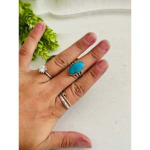 Southwest Kingman Turquoise & Sterling <b>Silver</b> Boho <b>Statement</b> <b>Ring</b> Emerald Cut Gemstone Size 6.75 for Everyday Wear - Product Image 2