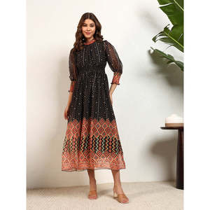 Deebaco Women's Boho Maxi <b>Dress</b> Bandhani Print Chiffon Lantern Sleeve High Neck Loose Fit Sheer Layer All Seasons Casual - Product Image 6