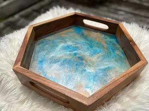 Piezas separadas coloridas del océano, fruta seca redonda de Acacia con plato de resina, Bandejas para servir fiestas, plato de fruta de madera, bandeja de desayuno - Product Image 5