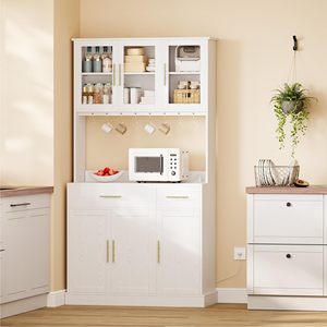 Buffet de cuisine en <span class=keywords><strong>bois</strong></span> blanc style ferme, meuble de rangement avec portes vitrées et espace de rangement pour café, vente en gros - Product Image 2