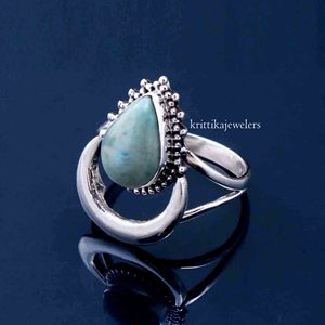 High Quality Handmade 925 Sterling Silver Women's Bohemian Style Wedding <b>Statement</b> <b>Ring</b> Pear Cut Larimar Gemstone Bezel Set - Product Image 3
