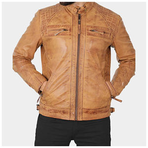 Chaqueta de moto de cuero marrón para hombre, corte ajustado, manga larga, ropa de abrigo de invierno con cuello alto, cierre de cremallera y resistente al viento - Product Image 1