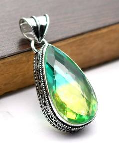 Collar con colgante de piedras preciosas de cuarzo turmalina bicolor de tendencia caliente para mujer, patrón geométrico de latón Vintage, símbolo cristiano - Product Image 3