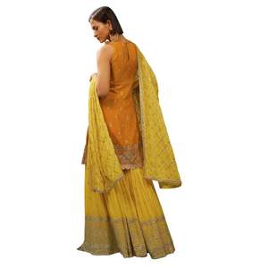 Costume Sharara brodé jaune chromé avec Dupatta pour réception de mariage indienne traditionnelle et tenue de fête - Product Image 6