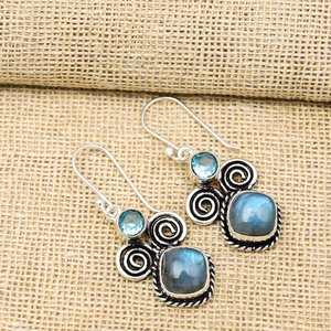 Solid 925 Sterling <b>Silver</b> Plated Bohemian Style <b>Earrings</b> Fashionable Labradorite Gemstone Natural Bezel Anniversary Supply - Product Image 4