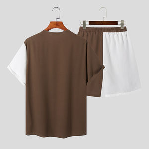 Conjuntos de Ropa Urbana para Hombre, Camiseta Holgada de Manga Corta con Cierre de Cordón, Pantalones Cortos Casuales 100% Algodón, Trajes de Color en Contraste - Product Image 4