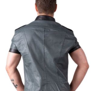 Slim Fit Leather Shirt Grey and Black Mens Faux Leather Short Sleeve <b>Fetish</b> Clubwear Top - Product Image 3