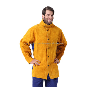 เสื้อแจ็กเก็ตเชื่อมหนังวัวสีน้ำตาลเหลืองแขนโพลีเอสเตอร์กันไฟกันรังสีกันความร้อนโลโก้ที่กำหนดเอง300-500C - Product Image 3