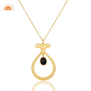 Latest Handmade Design 18k Gold Plated Blue Corundum Gemstone Brass Pendant Necklace Demi Fine Jewelry Manufacturer