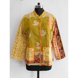 Chaqueta de Algodón Kantha para Mujer, Corta, de Invierno, Acolchada, Ecológica, Transpirable, con Botones y Estampado Floral Tejido - Product Image 2