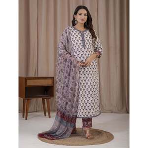Ethnic White Grey Hand Drawn <b>Block</b> <b>Printed</b> Cotton Kurta Pant Set Latest Design Anarkali Salwar Suit for Party Wear Made Net - Product Image 3