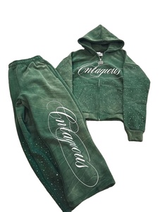 Conjunto de Sudadera con Capucha y Pantalones Anchos de Doble Capa con Cremallera, 100% Algodón Estampado con Pedrería, Bordado de Alta Calidad, 450 Gsm - Product Image 1