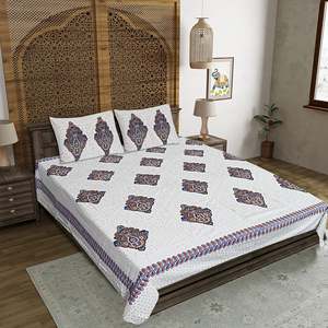 Parure de lit double en coton blanc imprimé Jaipuri 240 TC avec 2 taies d'oreiller, ensemble 3 pièces pour lits King Size, 100% coton, usage domestique - Product Image 1