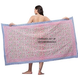 Coton imprimé feuille paréo sarongs indigo été plage écharpes faites à la main longues - Product Image 1