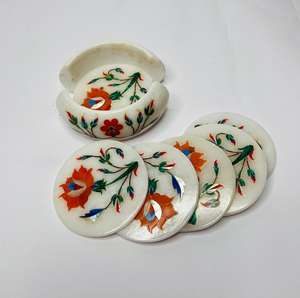 Ensemble de sous-verres à thé incrustés de marbre blanc pur Design de fleurs rondes uniques pour la décoration de la maison et de l'hôtel - Product Image 2