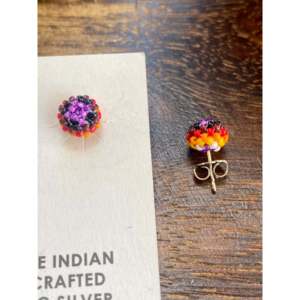 Navajo Beaded <b>Post</b> Earrings Stud Design with Floral Pattern and Bezel Setting Inlay - Product Image 5