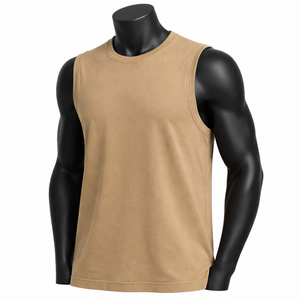 Camiseta sin Mangas Beige al por Mayor para Hombre, Camiseta Deportiva de Algodón Lisa, Proveedor de Ropa de Gimnasio - Product Image 3